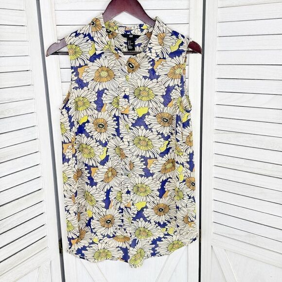 H&M Floral Chiffon Sleeveless Button Front Tunic Shirt Blue Cream Size 6 - Picture 5 of 10